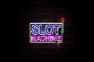 네온 사인 스타일로 벽 위에 SLOT MACHINE이라고 쓰여진 이미지