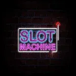 네온 사인 스타일로 벽 위에 SLOT MACHINE이라고 쓰여진 이미지