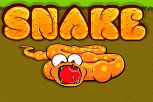 큰 글자로 SNAKE라고 쓰여진 배경 위에 귀여운 노란색 뱀이 입을 벌리고 있는 이미지