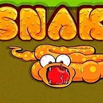 큰 글자로 SNAKE라고 쓰여진 배경 위에 귀여운 노란색 뱀이 입을 벌리고 있는 이미지