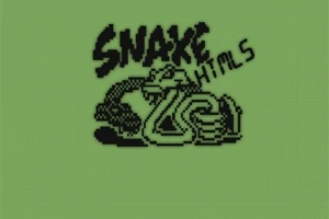 초록색 배경에 뱀 그림과 SNAKE 글자가 검은색 픽셀 아트로 표시된 이미지