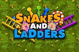 녹색 풀밭 배경 위에 두 개의 사다리와 뱀이 있는 어린이 그림과 함께 Snakes and Ladders라는 텍스트