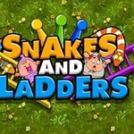 녹색 풀밭 배경 위에 두 개의 사다리와 뱀이 있는 어린이 그림과 함께 Snakes and Ladders라는 텍스트