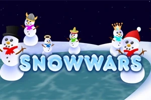 여러 종류의 모자를 쓴 눈사람들이 얼음 위에 서 있고, 아래에는 SNOWWARS라는 글자가 있습니다
