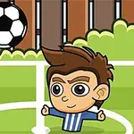 축구 복장을 한 캐릭터가 잔디밭에서 축구공과 함께 있는 장면