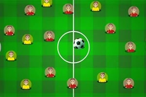 초록색 격자 무늬의 축구 필드에 노란색과 빨간색 유니폼을 입은 캐릭터들이 배치되어 있고 중앙에 축구공이 놓여 있다