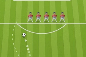 축구 경기장에서 빨간 유니폼을 입은 선수들이 벽을 이루고 있는 모습과 축구공의 움직임을 보여주는 장면