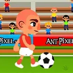 축구공을 드리블하는 빨간 셔츠를 입은 만화 캐릭터와 관중석에 앉아 있는 사람들