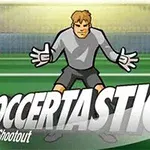 캐릭터 골키퍼가 축구 골대 앞에서 서 있는 모습과 SOCCERTASTIC 텍스트