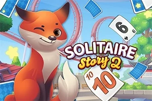빨간 여우가 윙크를 하며 여러 장의 카드와 함께 놀이공원 배경에 있는 이미지