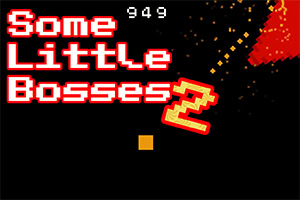 어두운 배경에 Some Little Bosses 2라는 빨간색 픽셀 스타일 텍스트가 있고, 오른쪽 상단에 빨간색 픽셀 조각이 흩어져 있습니다