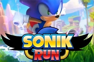 고속으로 달리는 파란 고슴도치 캐릭터와 SONIK RUN 로고