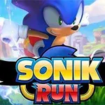 고속으로 달리는 파란 고슴도치 캐릭터와 SONIK RUN 로고