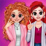 화려한 배경 앞에 세 명의 스타일리시한 캐릭터들이 웃고 있는 모습