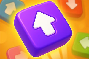 보라색 사각형 블록 위에 하얀색 위쪽 화살표 아이콘이 있고, 배경에는 다양한 색상의 화살표 블록들이 있습니다