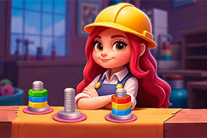 Sort Works: Nuts & Order 건설 모자와 작업복을 입은 빨간 머리 소녀가 작업대에 기대고 있는 모습