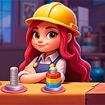 Sort Works: Nuts & Order 건설 모자와 작업복을 입은 빨간 머리 소녀가 작업대에 기대고 있는 모습