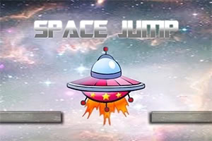 우주 배경 앞에 SPACE JUMP라는 글자와 로켓 불꽃을 내뿜는 비행접시가 있는 이미지