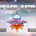 우주 배경 앞에 SPACE JUMP라는 글자와 로켓 불꽃을 내뿜는 비행접시가 있는 이미지