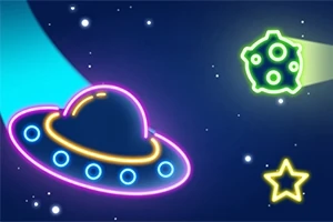 우주를 배경으로 네온 색상의 비행접시와 소행성, 별이 그려진 그림