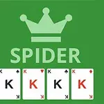 녹색 배경에 왕관과 함께 SPIDER라는 텍스트가 있고, 네 장의 K 카드가 나란히 배열되어 있습니다