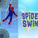 건물 배경 앞에서 거미줄을 타고 있는 빨간색과 파란색 슈트를 입은 캐릭터와 중앙에 SPIDEY SWING 텍스트