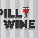 배경에 회색 줄무늬가 있고, SPILL WINE라는 텍스트와 와인 잔 그림이 있는 이미지