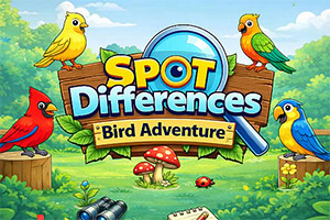 숲속에 알록달록한 새들과 돋보기, SPOT Differences Bird Adventure라고 적힌 나무 표지판
