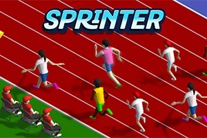 붉은 육상 트랙에서 달리는 사람들 위로 SPRINTER라는 텍스트가 있는 이미지