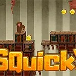 생쥐 두 마리가 나무 책장 위에 있는 장면과 Squicky라는 텍스트가 화면 하단에 있습니다