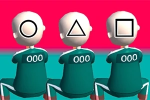 세 명의 앉아있는 사람 뒷모습, 각각 원, 삼각형, 사각형이 얼굴에 그려져 있고, 유니폼에는 숫자 000이 있습니다