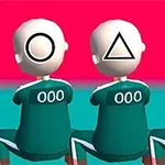 세 명의 앉아있는 사람 뒷모습, 각각 원, 삼각형, 사각형이 얼굴에 그려져 있고, 유니폼에는 숫자 000이 있습니다