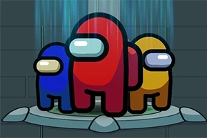 파란색, 빨간색, 노란색 캐릭터들이 원형 플랫폼 위에 서 있는 모습