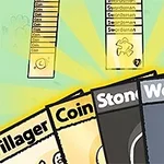 여러 장의 카드가 펼쳐져 있으며, 각 카드에는 Villager, Coin, Stone, Wood 등의 단어가 쓰여 있고, 배경에는 노란색 광선이 퍼져 있는 모습