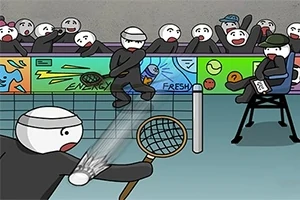 테니스 경기를 하는 막대기 인형 캐릭터들과 관중, 심판이 있는 만화 이미지