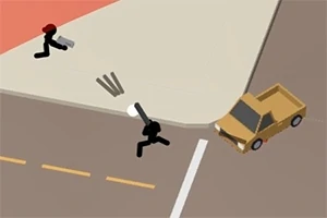 도로에서 두 검은 막대기 모양의 사람이 헤드기어와 무기를 장착하고 갈색 차와 교차로를 배경으로 달리는 모습