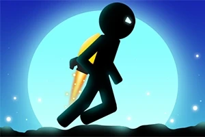 어두운 배경에 큰 달을 배경으로 제트팩을 착용한 검은색 실루엣의 사람이 걸어가고 있는 이미지
