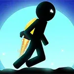 어두운 배경에 큰 달을 배경으로 제트팩을 착용한 검은색 실루엣의 사람이 걸어가고 있는 이미지