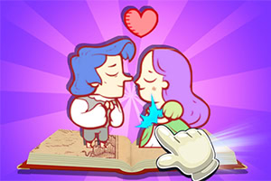 책 위에 서 있는 두 사람과 하트, 손가락 포인터가 있는 그림