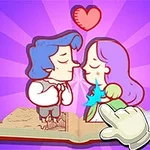 책 위에 서 있는 두 사람과 하트, 손가락 포인터가 있는 그림