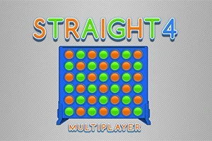 파란색 보드 위에 초록색과 주황색 원판이 교대로 배열되어 있으며, STRAIGHT 4와 MULTIPLAYER 텍스트가 배경에 있음