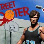 농구 코트를 배경으로 농구 유니폼을 입은 남성이 서 있는 모습과 STREET SHOOTER라는 글자가 있습니다