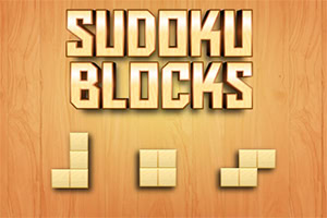 나무 배경 위에 큰 글씨로 SUDOKU BLOCKS가 있으며, 아래에 세 개의 다양한 모양의 블록이 배열되어 있다
