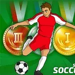 빨간색 유니폼을 입은 축구 선수가 축구공을 차는 모습과 금메달과 동메달이 배경에 있음
