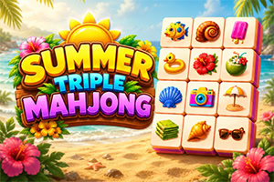 열대 해변과 꽃을 배경으로 과일·조개·카메라 아이콘이 있는 마작 타일과 ‘SUMMER TRIPLE MAHJONG’ 글자