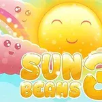 웃고 있는 해와 함께 구름과 무지개, 그리고 SUN BEAMS 3 글자가 있는 귀여운 일러스트