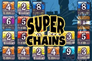 다양한 색상의 숫자 타일들이 그려진 배경에 SUPER CHAINS라는 텍스트가 중앙에 배치된 이미지