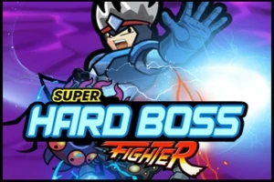 파란색 배경에 왕관을 쓴 캐릭터가 앞에 손을 내밀고 있으며, 중앙에 SUPER HARD BOSS FIGHTER라는 텍스트가 있습니다