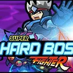 파란색 배경에 왕관을 쓴 캐릭터가 앞에 손을 내밀고 있으며, 중앙에 SUPER HARD BOSS FIGHTER라는 텍스트가 있습니다