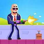 정장을 입고 선글라스를 쓴 대머리 남성이 장난감 총을 발사하고 있으며, 벽 앞에 TNT 상자가 있는 모습